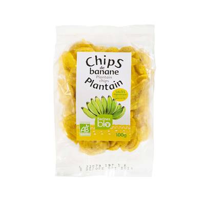 Chips de banane plantain salées RACINES BIO 100 g - DDM 31/10/2023